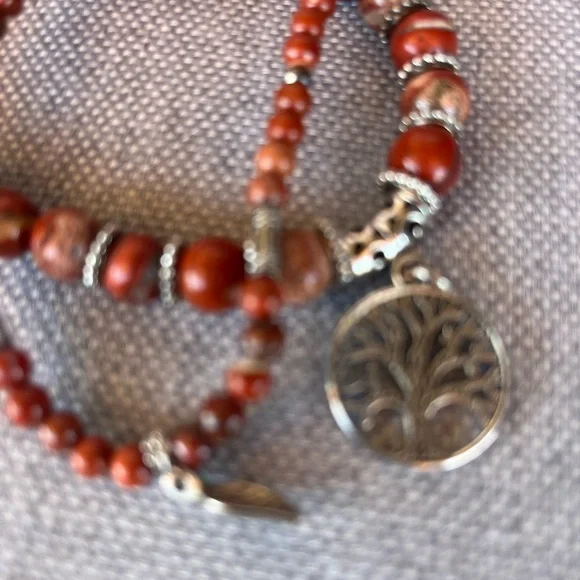 Red Jasper Beaded Bracelet Set w/ Tree of Life & Leaf Charms - Picture 4 of 5
